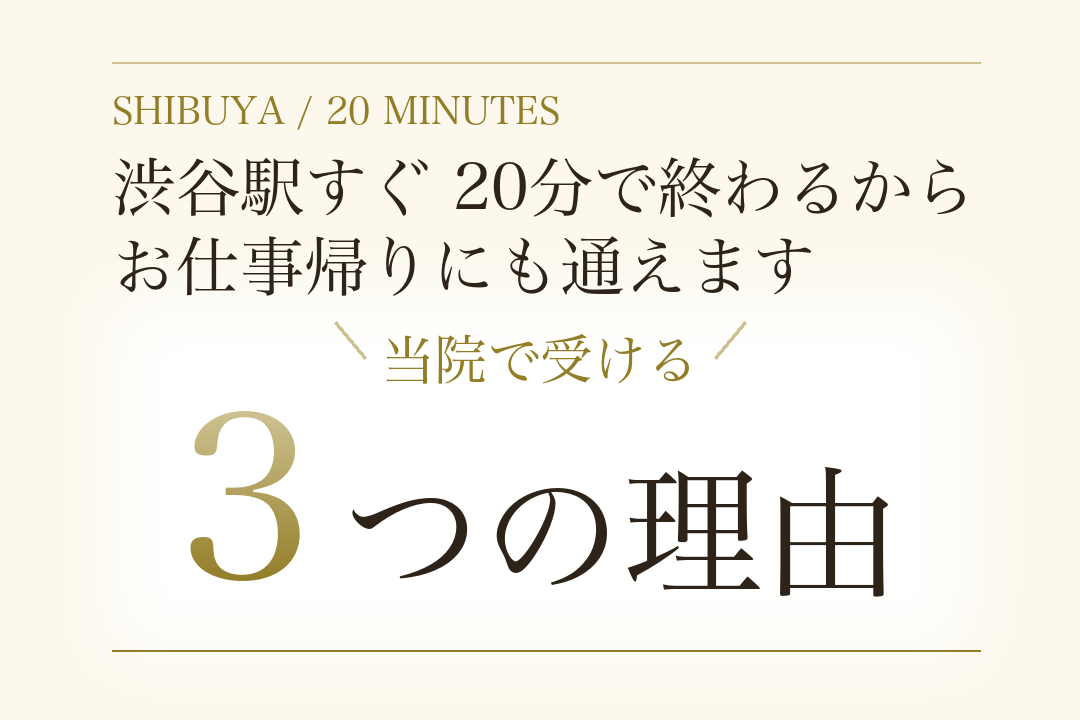 SHIBUYA / 20 MINUTES。渋谷駅すぐ 20分で終わるから、お仕事帰りにも通えます。当院で受ける3つの理由。